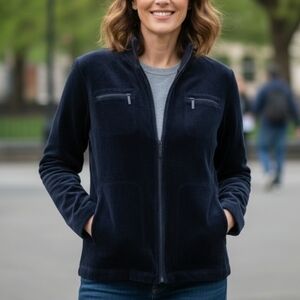 Vtg Lauren Ralph Lauren Black Crushed Velour Track Jacket - Two-Way Zip - Size L